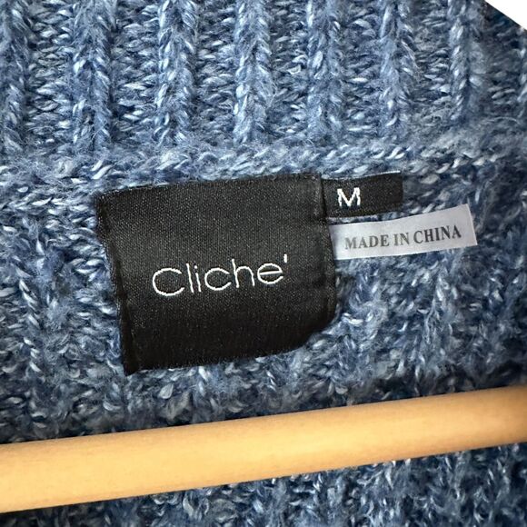 Cliche Blue Polyester Cableknit Mock Neck Sweater with Ruffle Sleeves Size M - Picture 3 of 6